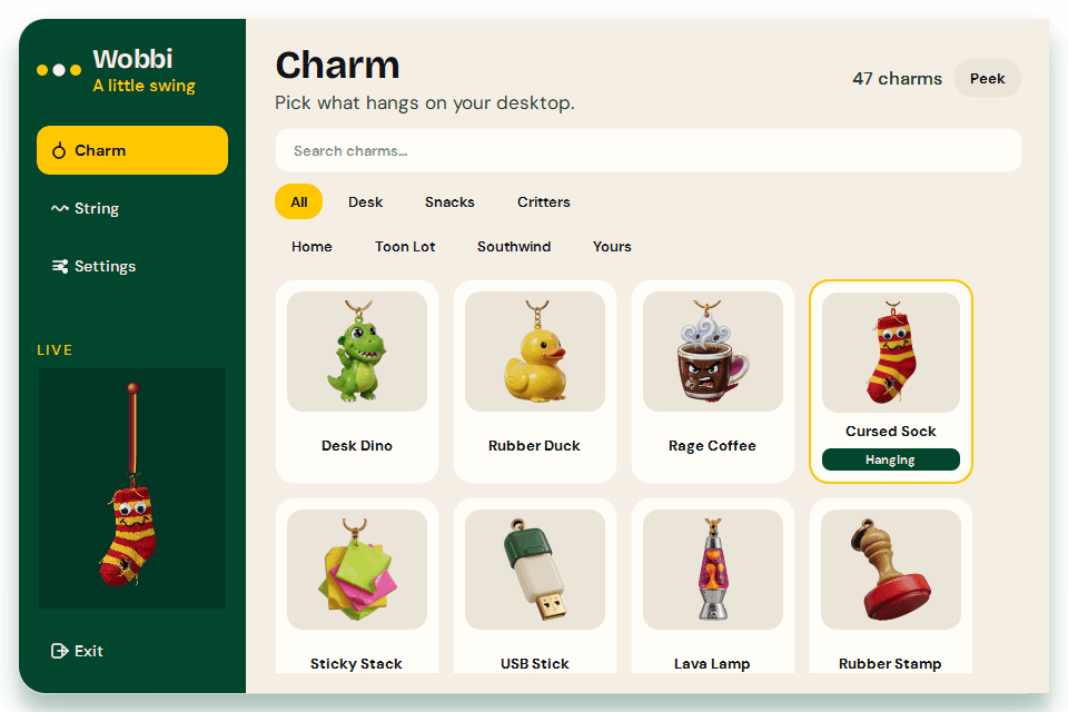 Wobbi editor with Charm, String, and Settings