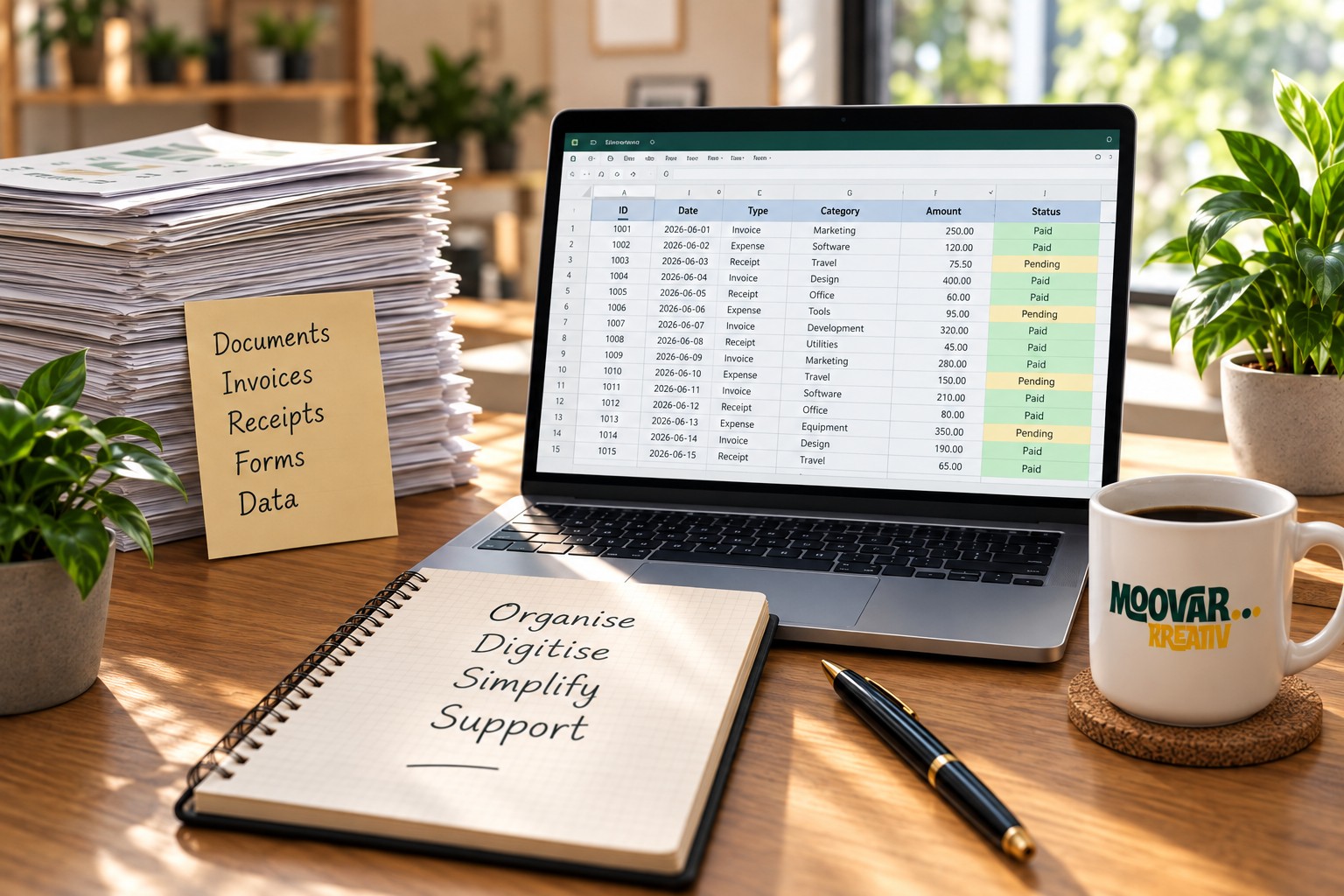 Documents, a spreadsheet and a notebook on a sunlit wooden desk