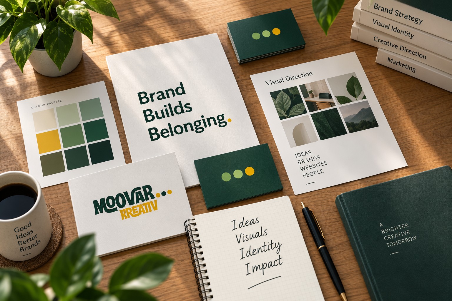 Cream and forest-green identity kit with gold three-dot stamps on a box, bag and folder