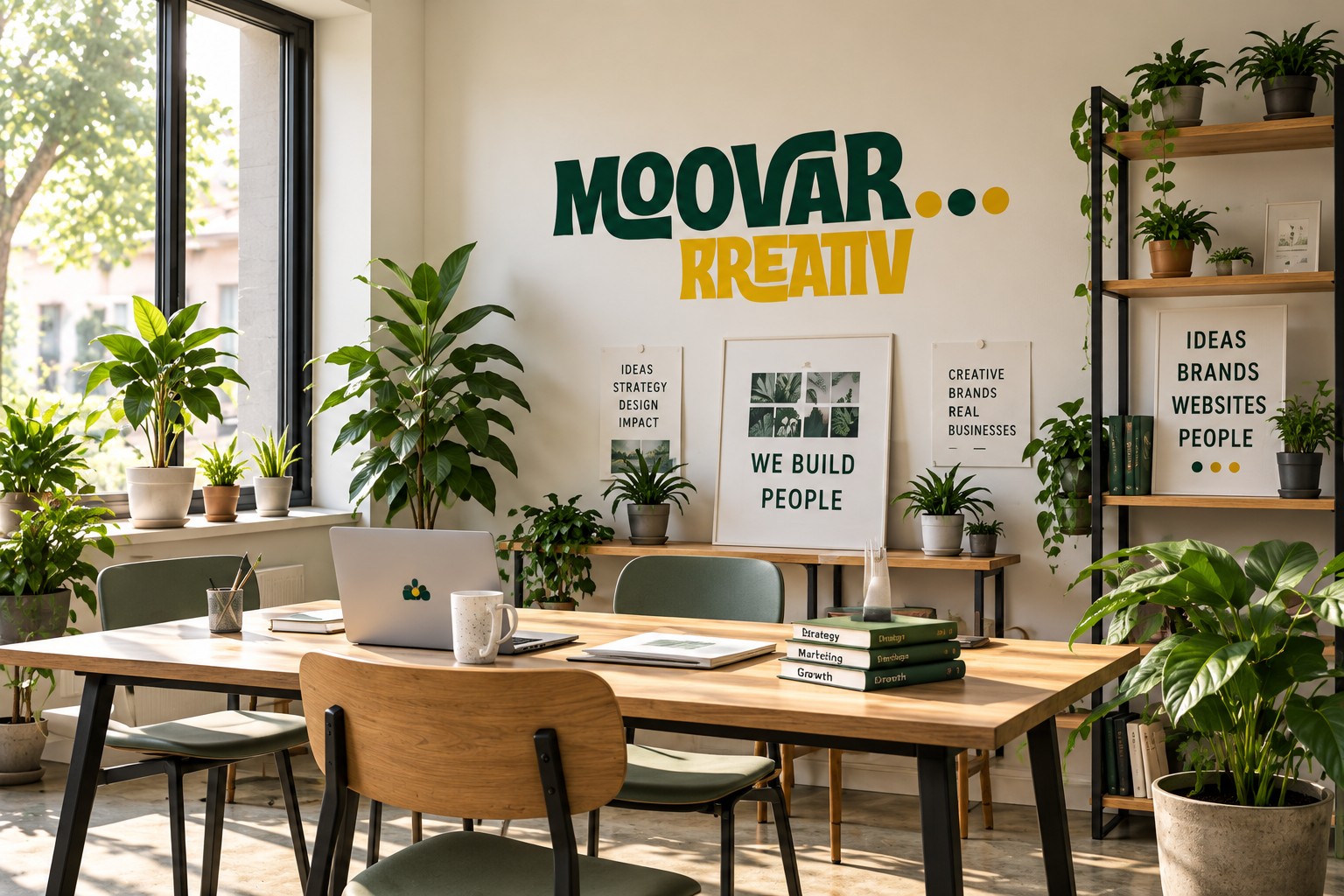 Sunlit Moovar studio with wooden table, plants and wall mark