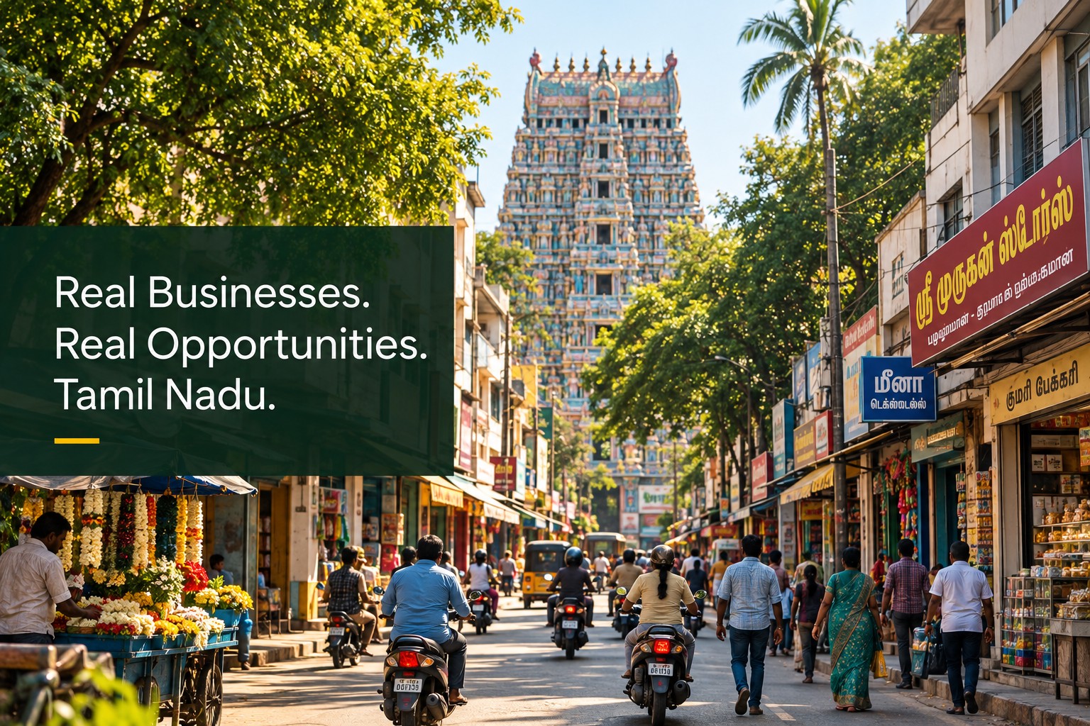 Golden-hour shopfront in Tamil Nadu with a forest-green hanging sign, bicycle and jasmine