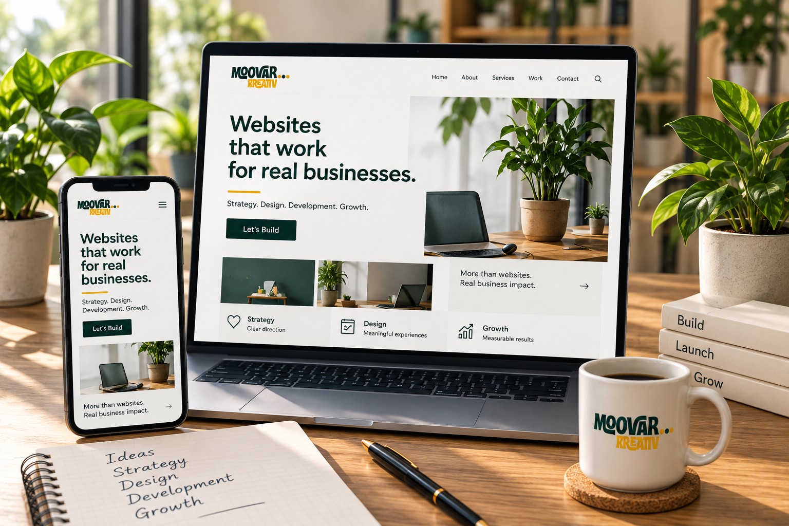 Laptop, phone and tablet showing a cream and forest-green Moovar website